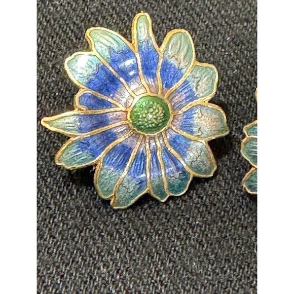 Vintage Floral Enamel  Earrings Blue & Green Flower Design Gold-Tone - Picture 4 of 5